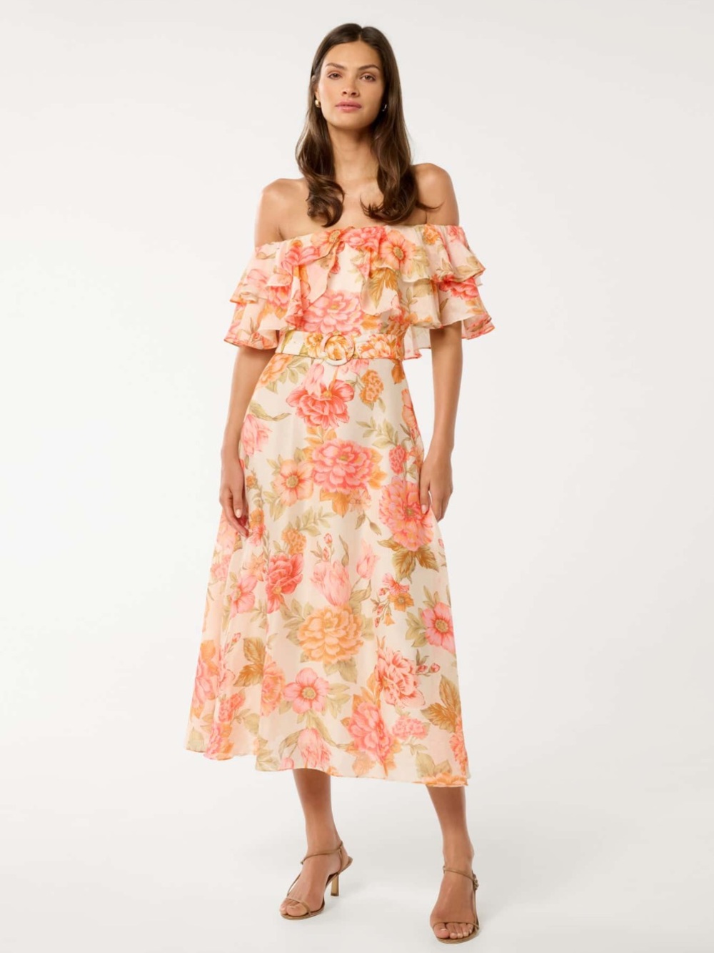 forever new Ruffle Off-Shoulder Dress in Peach